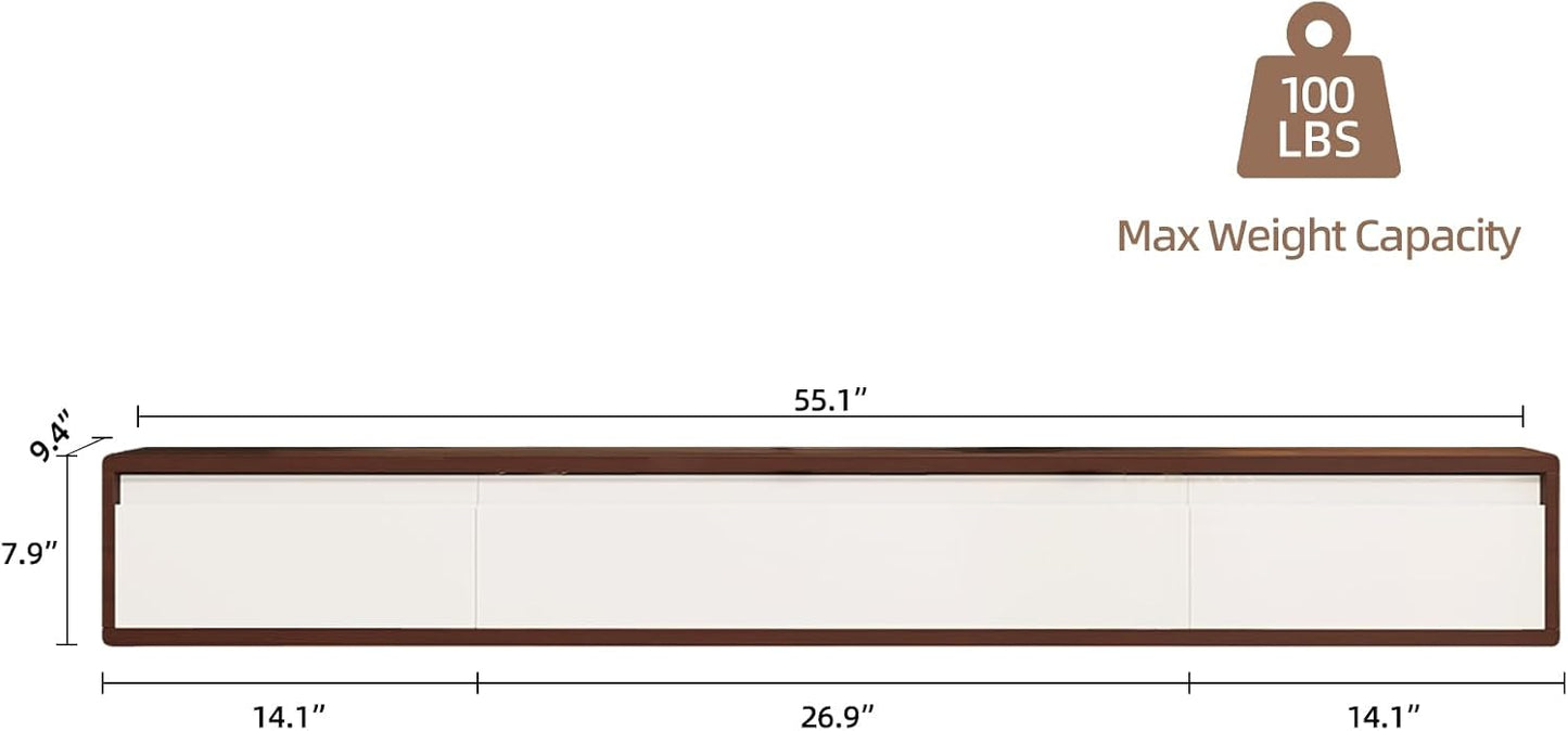 Floating TV Stand High Gloss,55'' Wall-Mounted TV Cabinet,Floating TV Console,Under TV Shelf with 3 Doors for Living Room Bedroom(Walnut+White)