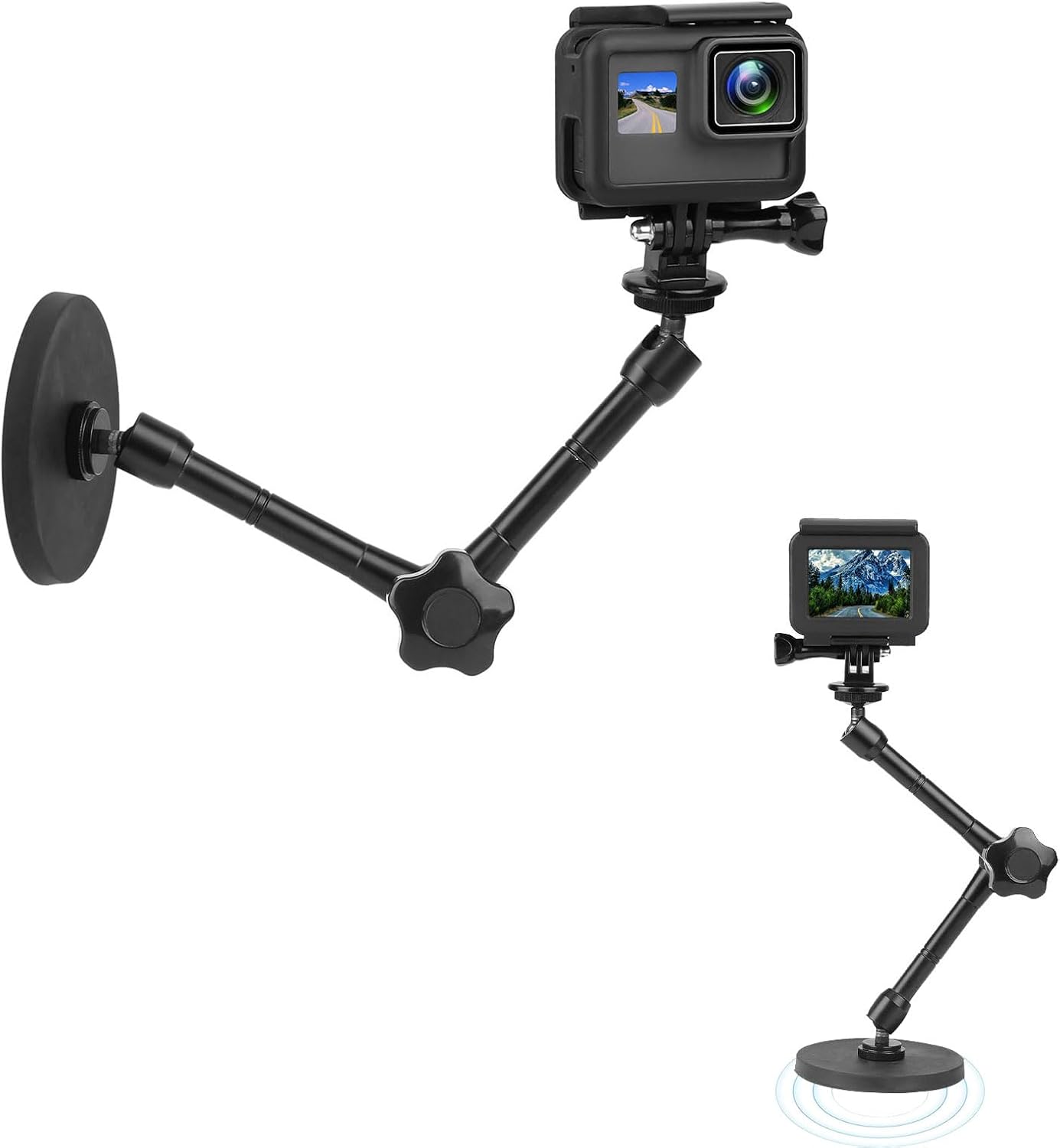 Magnetic Camera Mount for GoPro Hero/Insta 360 / DJI OSMO/AKASO Action Camera,3.46 inch Diam Magnetic Rubber Coating Base,10 inch Length Adjustable Aluminum Alloy Arm