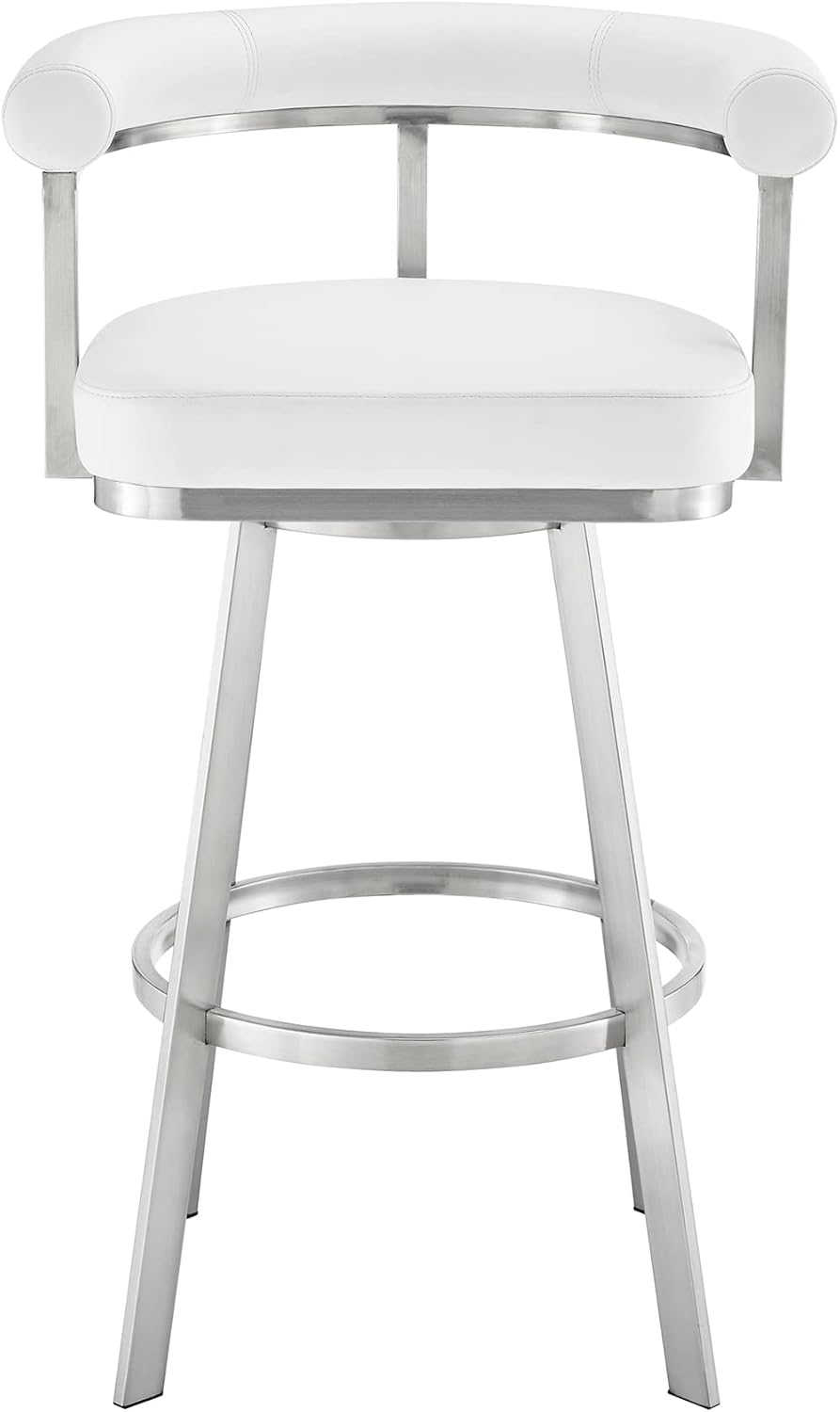 Armen Living Magnolia Swivel Bar Stool in Brushed Stainless Steel with White Faux Leather