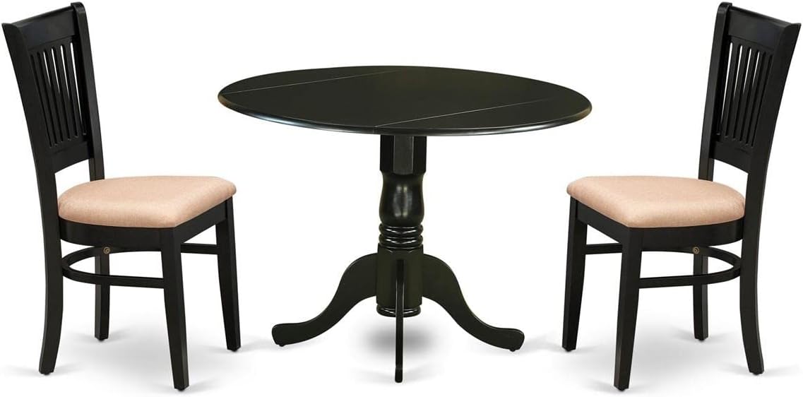 East West Furniture DLVA3-BLK-C 3 Piece Kitchen Table Set for Small Spaces Contains a Round Dining Room Table with Dropleaf and 2 Linen Fabric Upholstered Chairs, 42x42 Inch, Black