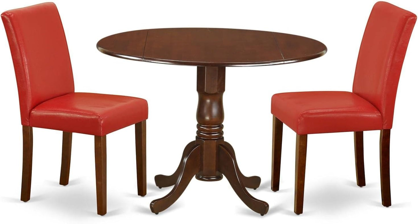 East West Furniture DLAB3-MAH-72 3 Piece Kitchen Table Set Contains a Round Dining Table with Dropleaf and 2 Firebrick Red Faux Leather Upholstered Chairs, 42x42 Inch, Mahogany