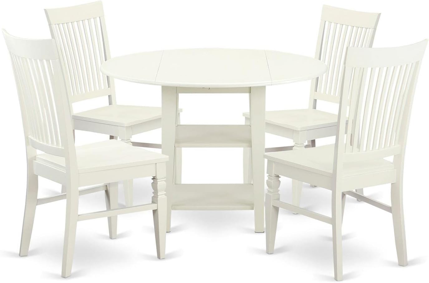 East West Furniture SUWE5-LWH-W 5 Piece Dining Set Includes a Round Dining Room Table with Dropleaf & Shelves and 4 Kitchen Chairs, 42x42 Inch, Linen White