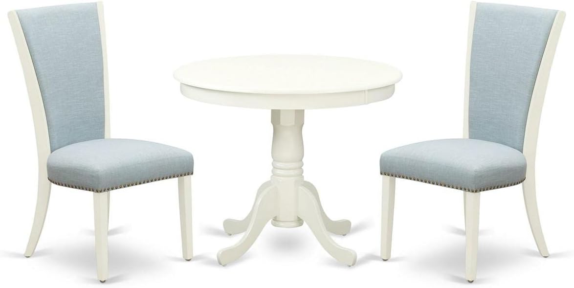 East West Furniture ANVE3-LWH-15 3 Piece Dining Table Set Contains a Round Dining Room Table with Pedestal and 2 Baby Blue Linen Fabric Upholstered Chairs, 36x36 Inch, Linen White