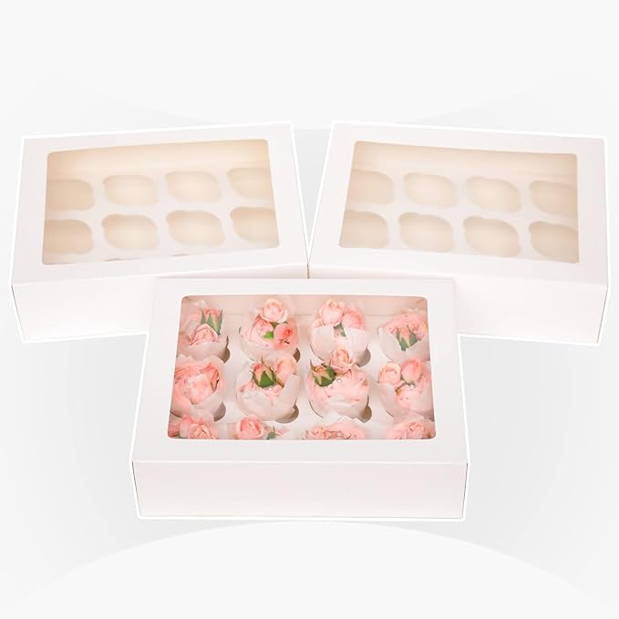 Bakepacker Auto-pop Up Cupcake Boxes with Window White 12PCS 12 Count Cupcake Box 13"x10"x3.5" Cupcakes Carrier, 12 Cupcake Containers with rolls of pink ribbons