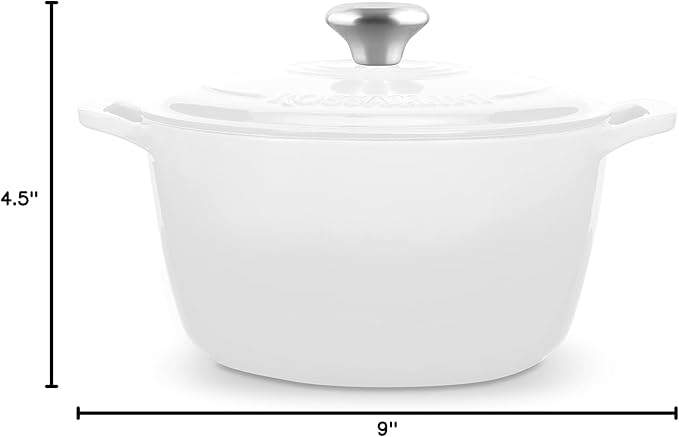 Signature Enameled Cast Iron Dutch Oven, Non-Stick Serving Pot with Tight Fitting Lid for Perfect Roasting, Baking, Sauteing, and Bread Making | 4.5Q (4.2L) - White