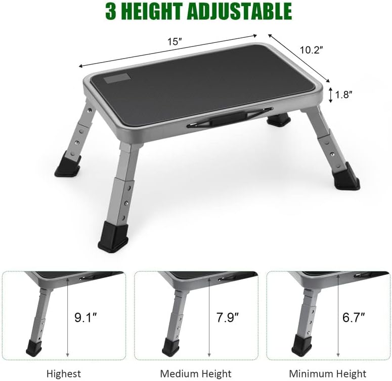 Foldable Step Stool, Adjustable Step Stool with a Non-Slip Platform, Step Ladder with Thick Rubber Feet for Adults or Children in Kitchen, Bedroom, Office, Rv, 330 Lbs Capacity