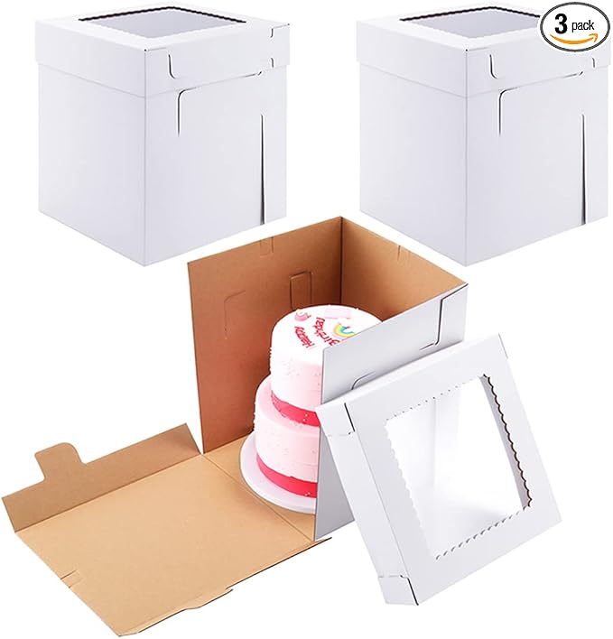 Tall Cake Boxes for Tier Cakes,10x10x12 Inch [3Pack ] Thick Sturdy Cake Box with Window, Layer Cake Carrier,Disposable Cake Containers