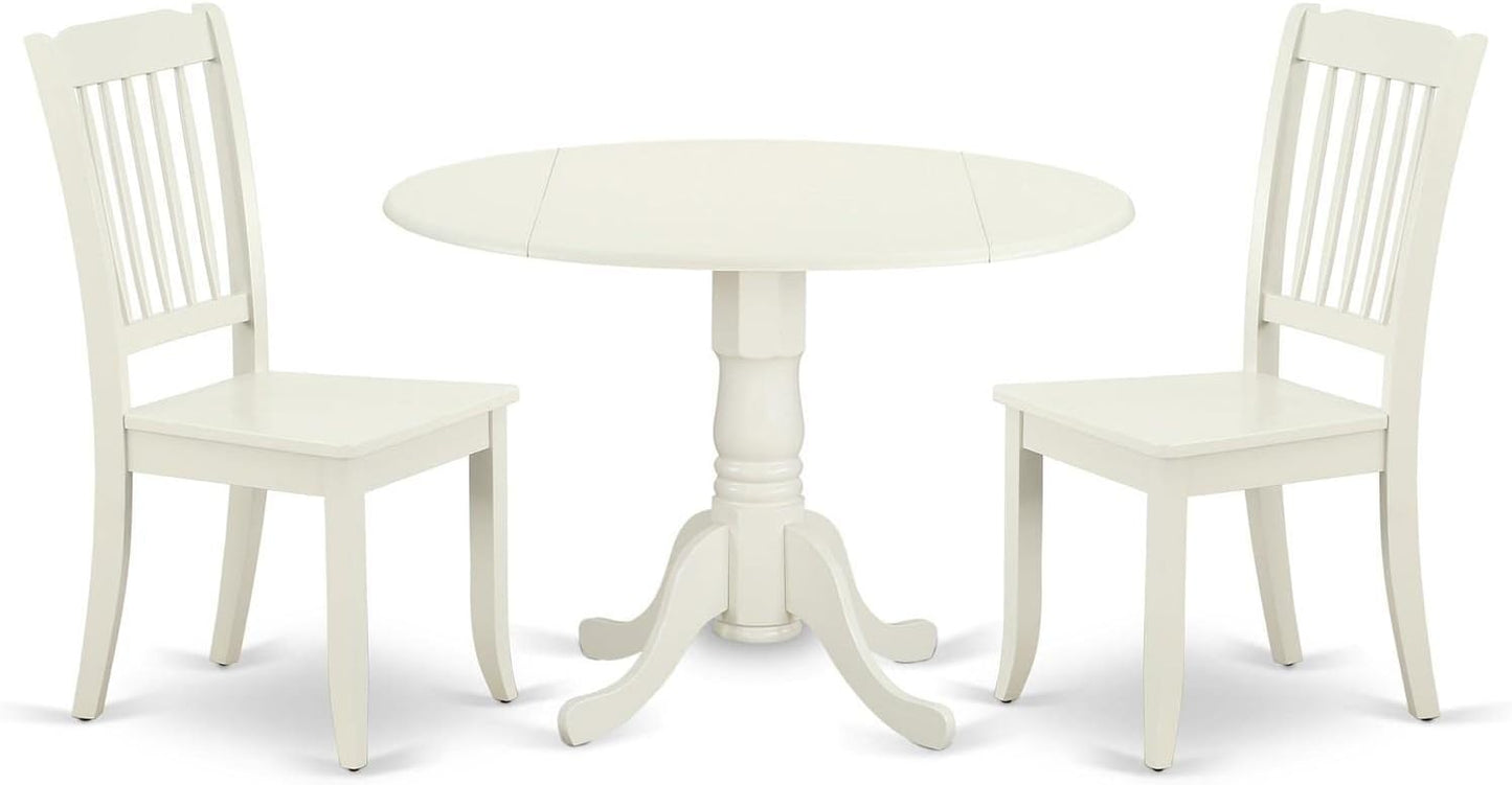 East West Furniture DLDA3-LWH-W 3 Piece Kitchen Table & Chairs Set Contains a Round Dining Room Table with Dropleaf and 2 Solid Wood Seat Chairs, 42x42 Inch, Linen White