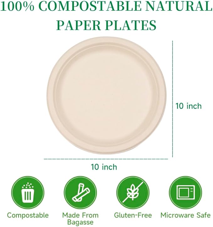 RACETOP Compostable Paper Plates 10 Inch [500 Pack], Disposable Biodegradable Heavy Duty Paper Plates, Made of Natural Sugarcane Fibers, Unbleached Brown, Round