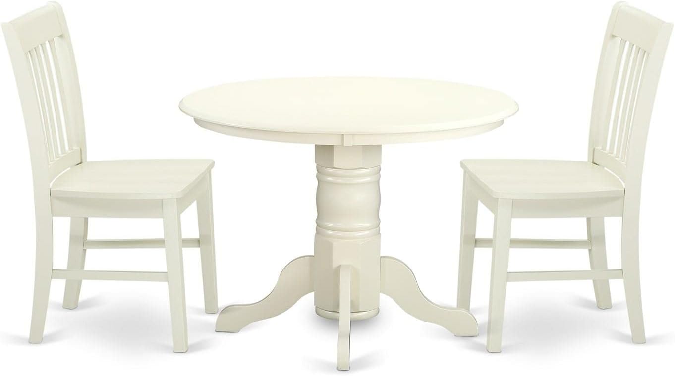 East West Furniture SHNO3-LWH-W 3 Piece Modern Dining Table Set Contains a Round Kitchen Table with Pedestal and 2 Dining Room Chairs, 42x42 Inch, Linen White