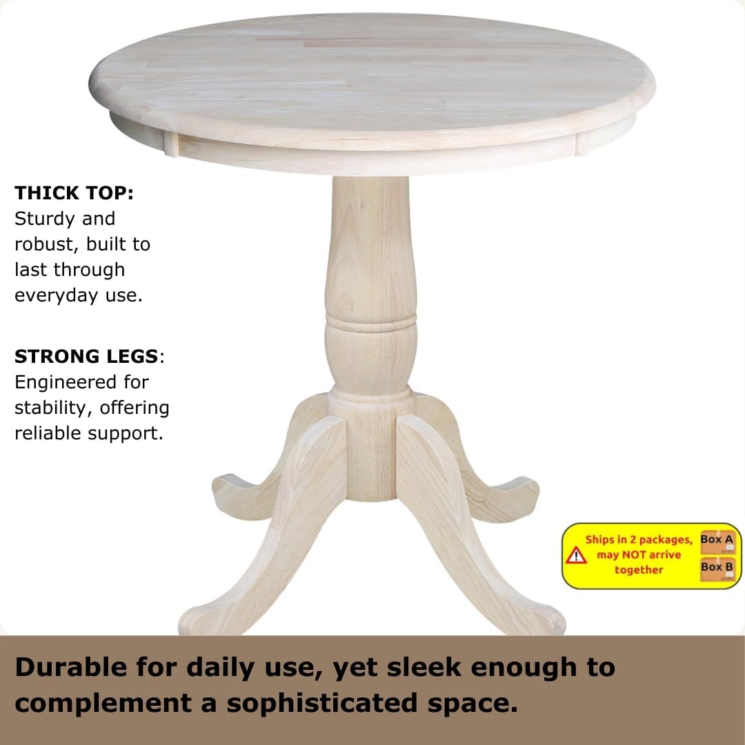 International Concepts 30" Round Top Pedestal Dining Table Solid Real Wood, Sturdy Parawood, Dimensions 30" D x 30" W x 28.8" H, Paint/Stain Ready, Unfinished