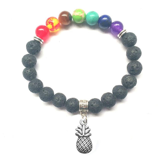 JczR.Y Seven Chakra Gemstone Bracelet Handmade Lava Rock Stone Beads Bracelet Stretch Adjustable Pineapple Charm Natural Healing Crystal Stones Yoga Prayer Fashion Jewelry(Lava Rock Chakras)