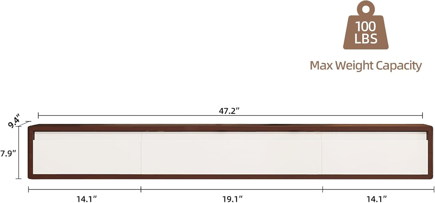 Floating TV Stand High Gloss,47'' Wall-Mounted TV Cabinet,Floating TV Console,Under TV Shelf with 3 Doors for Living Room Bedroom(Walnut+White)