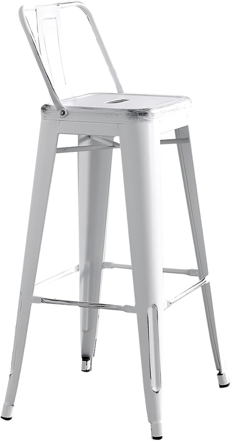 AC Pacific 30” Metal Barstool Set of 2 – Country Rustic Style with Low Back, Lightweight & Sturdy Build, Easy Assembly – Distressed Snow White