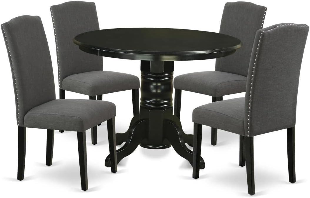 East West Furniture SHEN5-BLK-20 5 Piece Dining Room Table Set Includes a Round Kitchen Table with Pedestal and 4 Dark Gotham Linen Fabric Upholstered Chairs, 42x42 Inch, Black