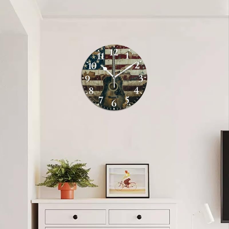 Guitar Wall Clock Non-Ticking Silent Clocks Battery Operated Analog Decor Clock for Home-Acoustic Guitar Leaning Against Old American Flag(14inch)