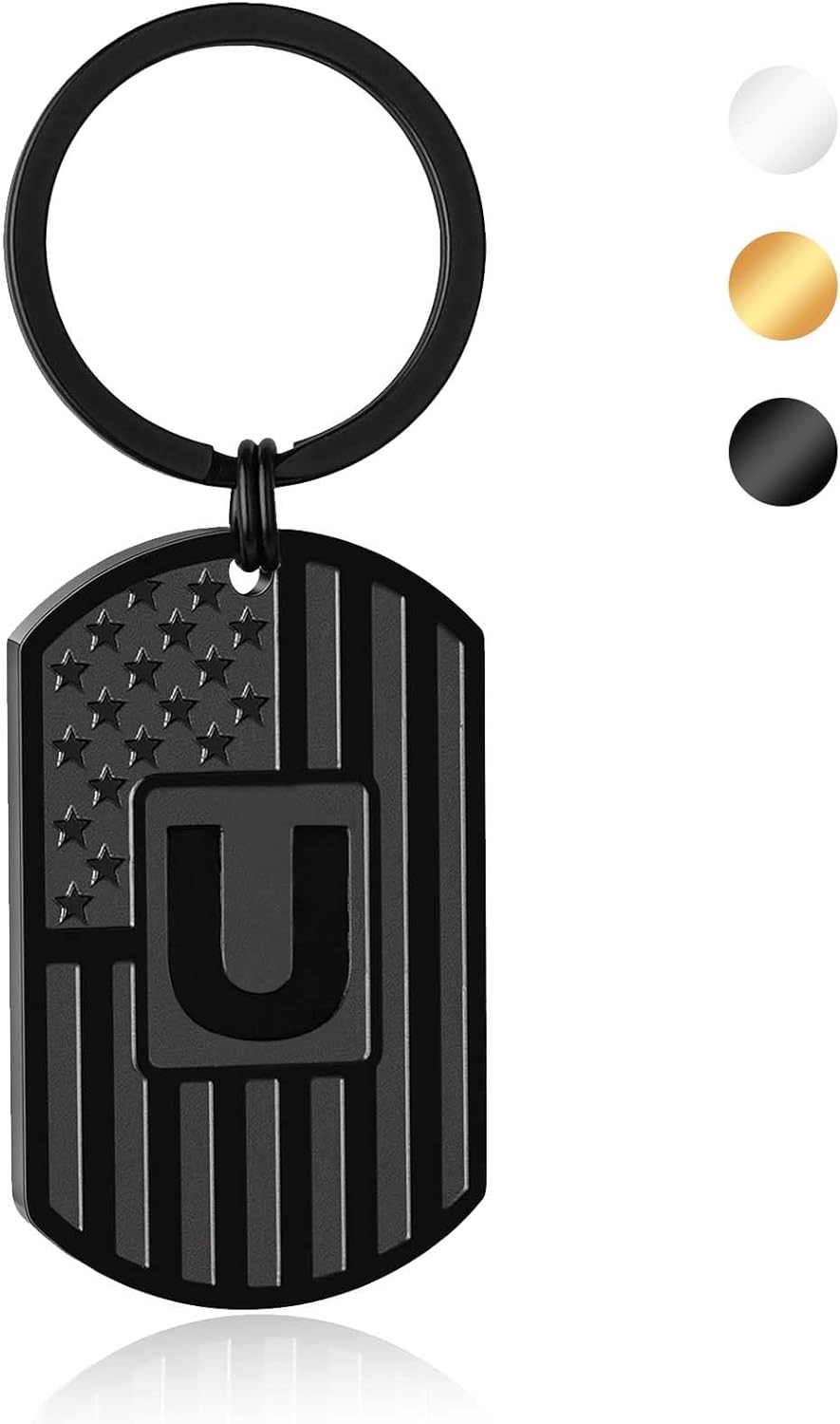 Initial Keychain Gifts for Men,A-Z Letter American Flag Dog Tag Stainless Steel Keychain,Mens Accessories Gift