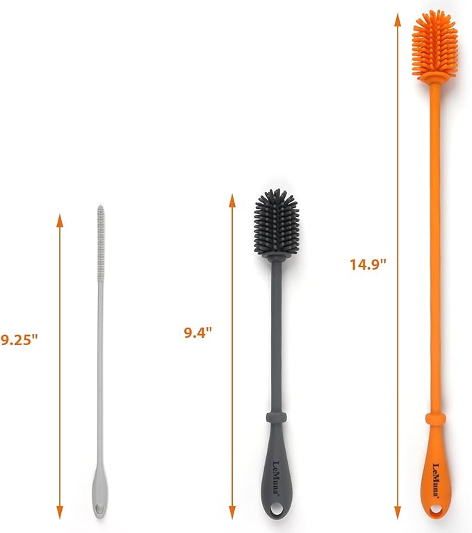 LeMuna Silicone Bottle Brush, Water Bottle Cleaner Brush Set with Silicone Straw Brush for Narrow Neck Containers, Hydro Flask, Sports Bottle, Glassware