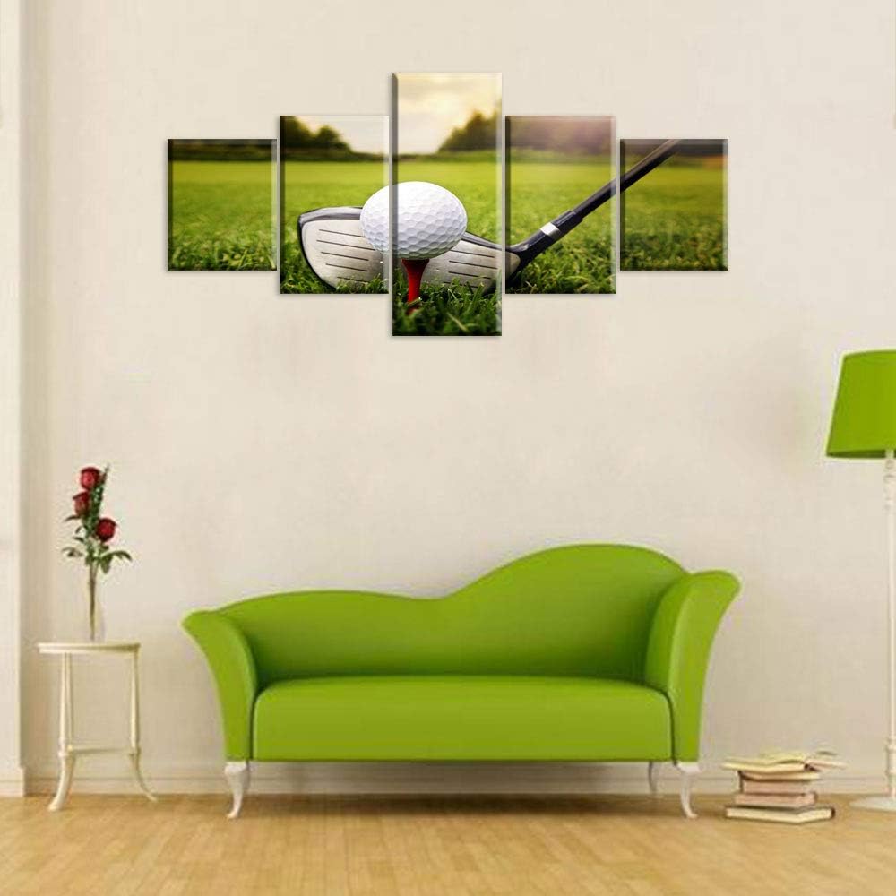 Golf Field Wall Art Green Grass Paintings Giclee Multi Panels Canvas Pictures for Living Room HD Prints Man Cave Signs and Decor Sunset Artwork Framed Stretched Ready to Hang Gift(50''W x 24''H)