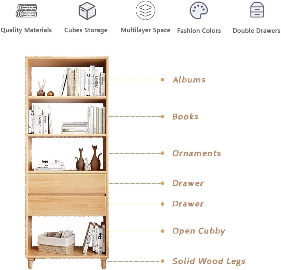 IOTXY Oak Mid-Century Bookcase with Legs - 67" Tall Open Shelves Cube Billy Bookshelf with Double Drawers for Home and Office