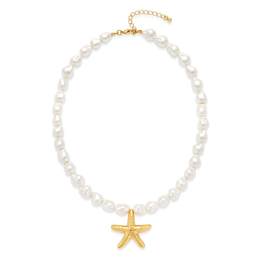 INNERDIVA Starfish Necklace for Women, Gold-Plated Pendant with White Baroque Pearl Beads Adjustable Beach Necklace Summer Coastal Jewelry Gifts