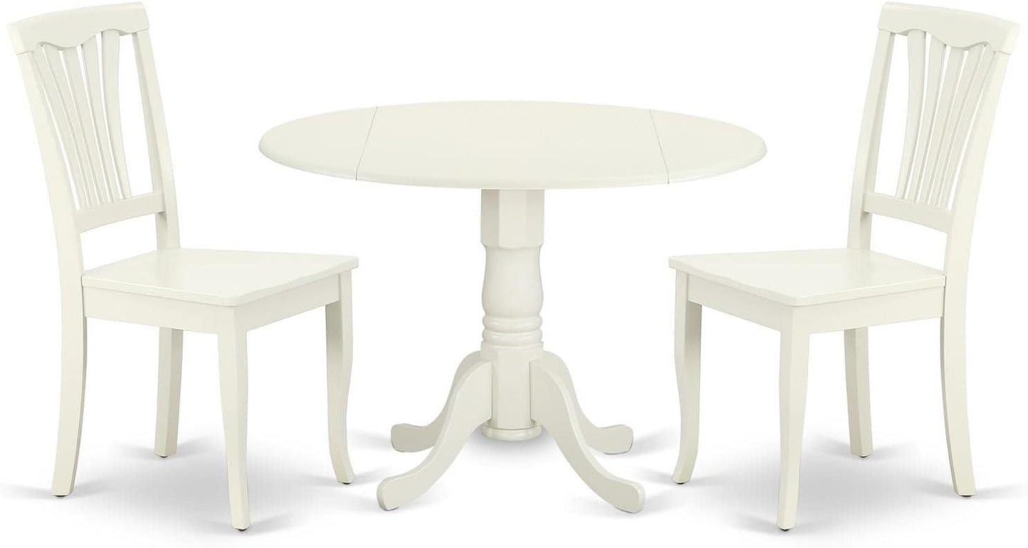 East West Furniture DLAV3-LWH-W 3 Piece Dining Table Set for Small Spaces Contains a Round Dining Room Table with Dropleaf and 2 Wood Seat Chairs, 42x42 Inch, Linen White