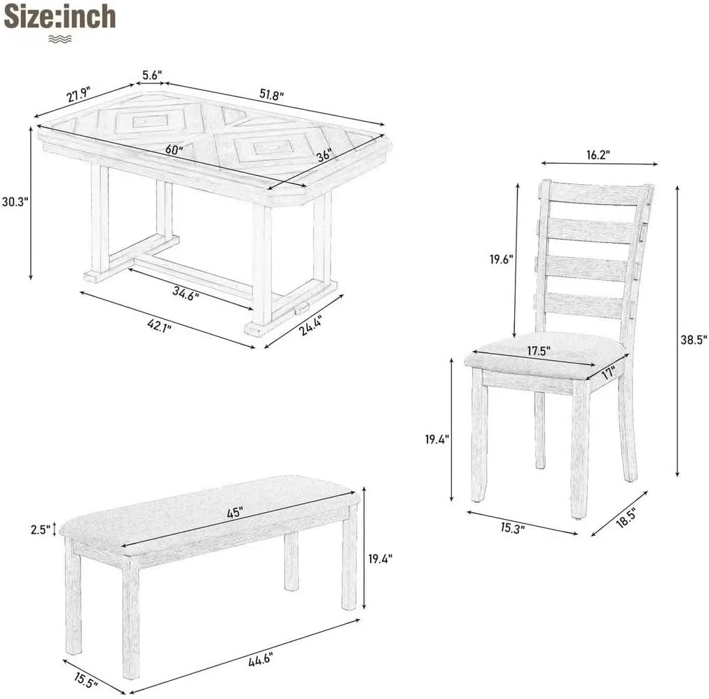 Ball & Cast 6 Piece Wood Dining Table Set with 4 Upholstered Chairs & 1 Bench,Kitchen Table and Chairs for 6 W/ 51.8" Rectangle Desk,for Restaurant,Home Bistro,Natural Wood Wash