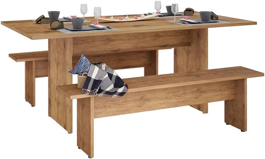 Manhattan Comfort Nomad 3 Piece Dining Set for 6 with Modern Kitchen Table and 2 Benches, Farmhouse Furniture with Rustic Wood Grain Finish, Pedestal Base, Easy Assembly, Dining Set, Nature