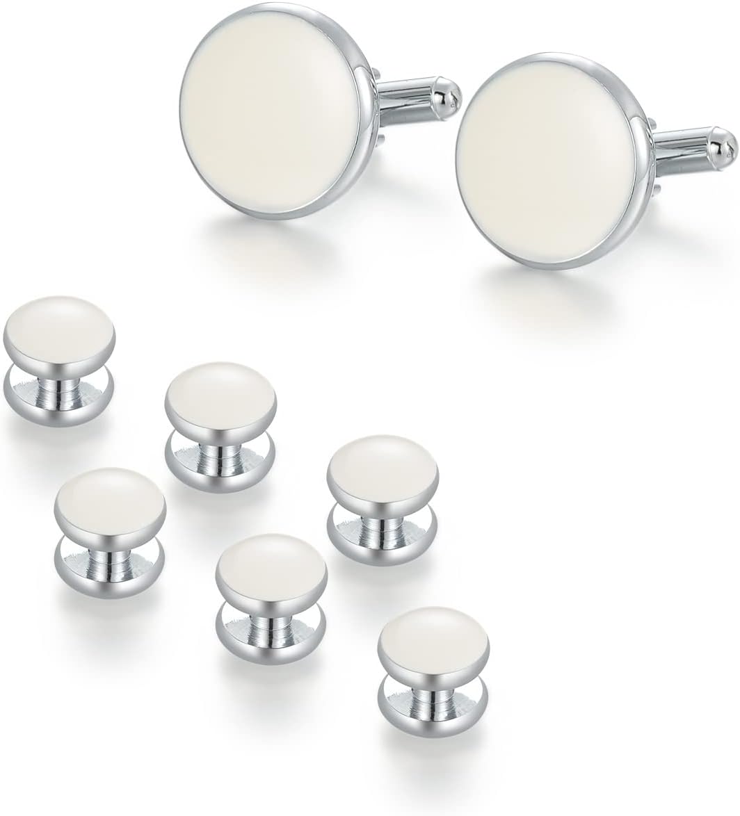 UJOY Cufflinks and Studs Set Blanks Round 4 Colors Shirt Tuxedo Buttons Packed in Cufflink Box for Men