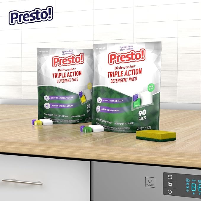 Amazon Brand - Presto! Triple Action Dishwasher Pacs, Lemon Scent, 90 Count