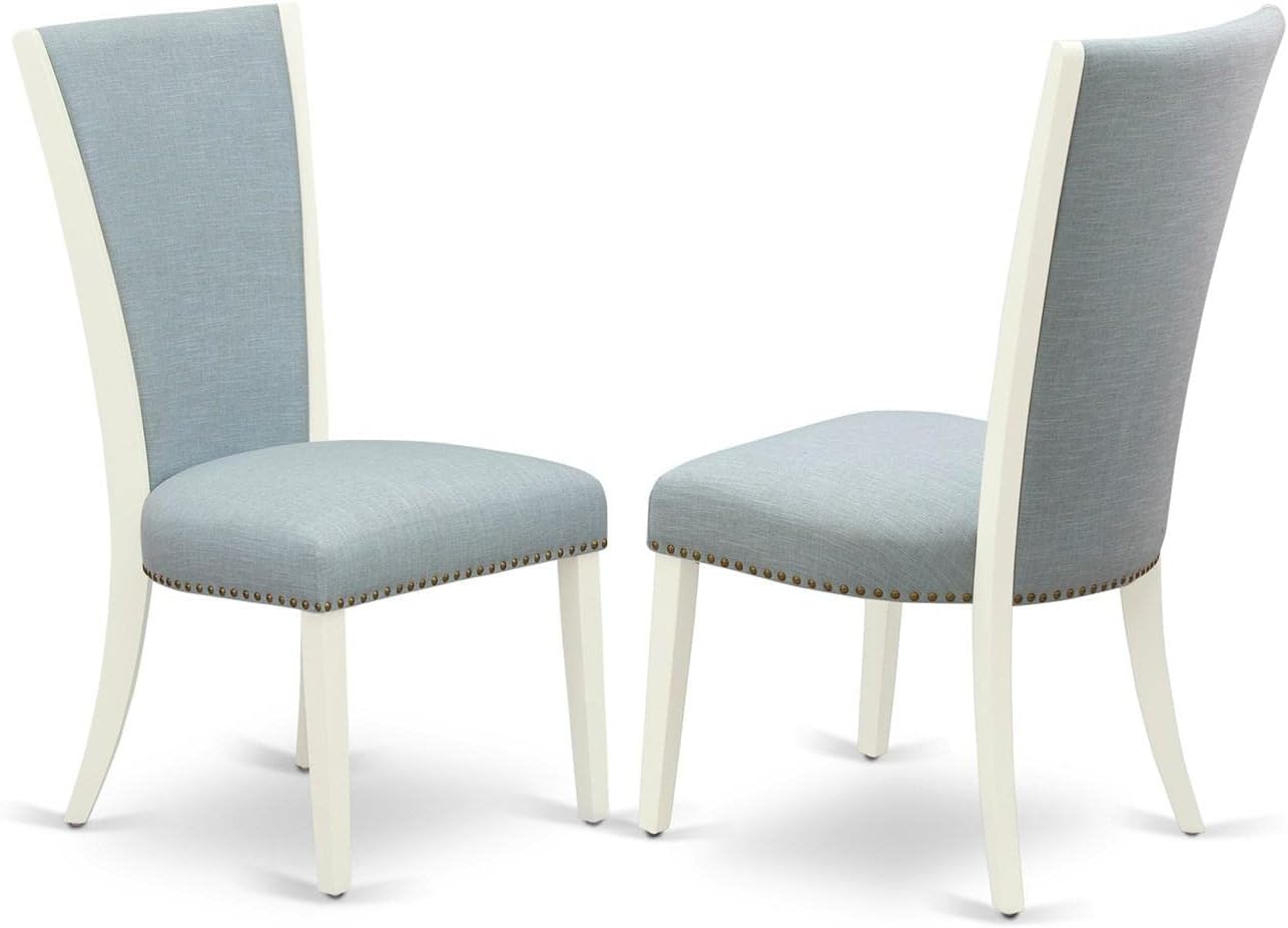 East West Furniture ANVE3-LWH-15 3 Piece Dining Table Set Contains a Round Dining Room Table with Pedestal and 2 Baby Blue Linen Fabric Upholstered Chairs, 36x36 Inch, Linen White
