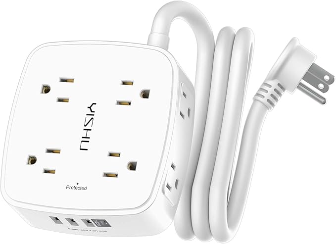 5Ft Surge Protector Power Strip - 8 Widely Outlets with 4 USB Ports, 3 Side Outlet Extender with 5 Feet Extension Cord, Flat Plug, Wall Mount, Desk USB Charging Station, ETL,White