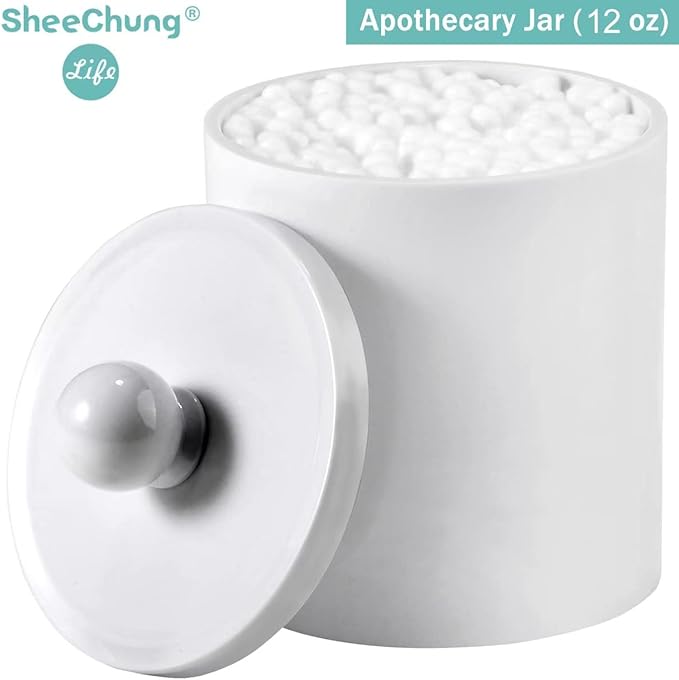 SheeChung 6 Pack Qtip Dispenser Apothecary Jars Bathroom with Labels - Qtip Holder Storage Canister Clear Plastic Acrylic Jar for Cotton Ball/Swab/Rounds,Floss Picks, Hair Clips (White)