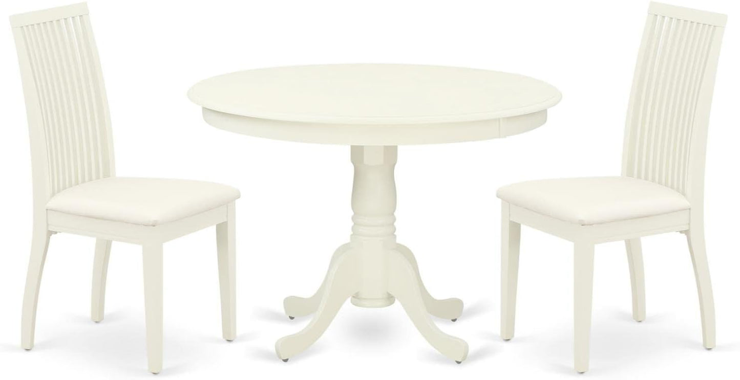 East West Furniture HLIP3-LWH-C 3 Piece Modern Dining Table Set Contains a Round Wooden Table with Pedestal and 2 Linen Fabric Upholstered Dining Chairs, 42x42 Inch, Linen White