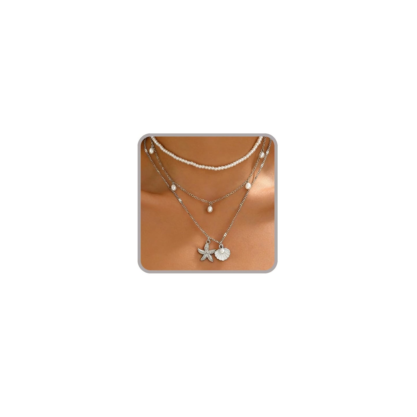 Starfish Necklace Gold Beach Jewelry for Women Pearl Seashell Necklace Cowrie Shell Beach Necklaces Ocean Summer Starfish Jewelry (6-3 layer silver)