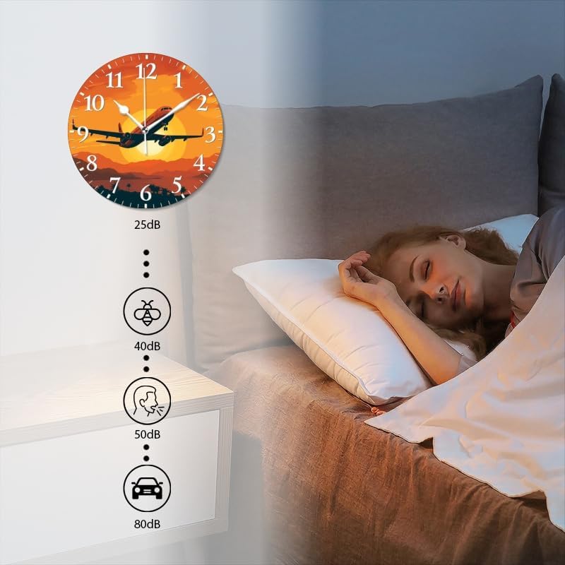 Sunset Wall Clock Non-Ticking Silent Clocks Battery Operated Analog Decor Clock for Home-Illustration of Airplane Flying Over The Sunset(12inch)
