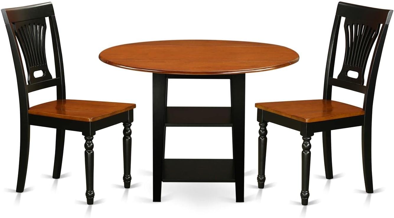 East West Furniture SUPL3-BCH-W 3 Piece Dining Set Contains a Round Dining Room Table with Dropleaf & Shelves and 2 Kitchen Chairs, 42x42 Inch, Black & Cherry