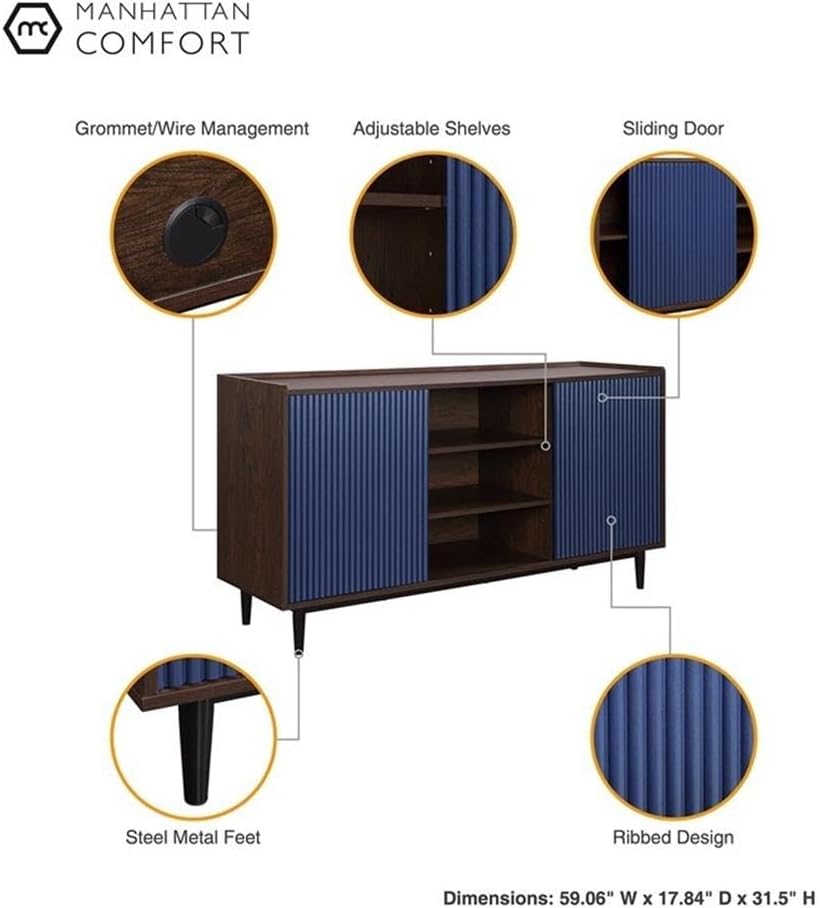 Manhattan Comfort Duane 59-Inch Ribbed Mid Century Modern Sideboard, Versatile Dining & Living Room Buffet Table with 3 Adjustable Center Shelves & 2 Side Cabinets, Navy Blue