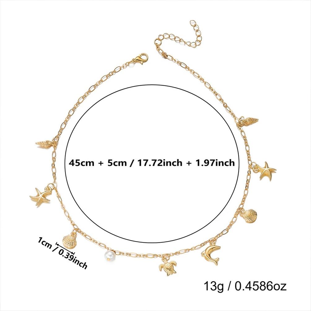 Gold Shell Conch Star Pearl Pendant Necklace, Delicate Starfish Fish Shells Beach Necklaces for Women Trendy Beachy Hawaii Holiday Party Jewelry Gift (Gold)