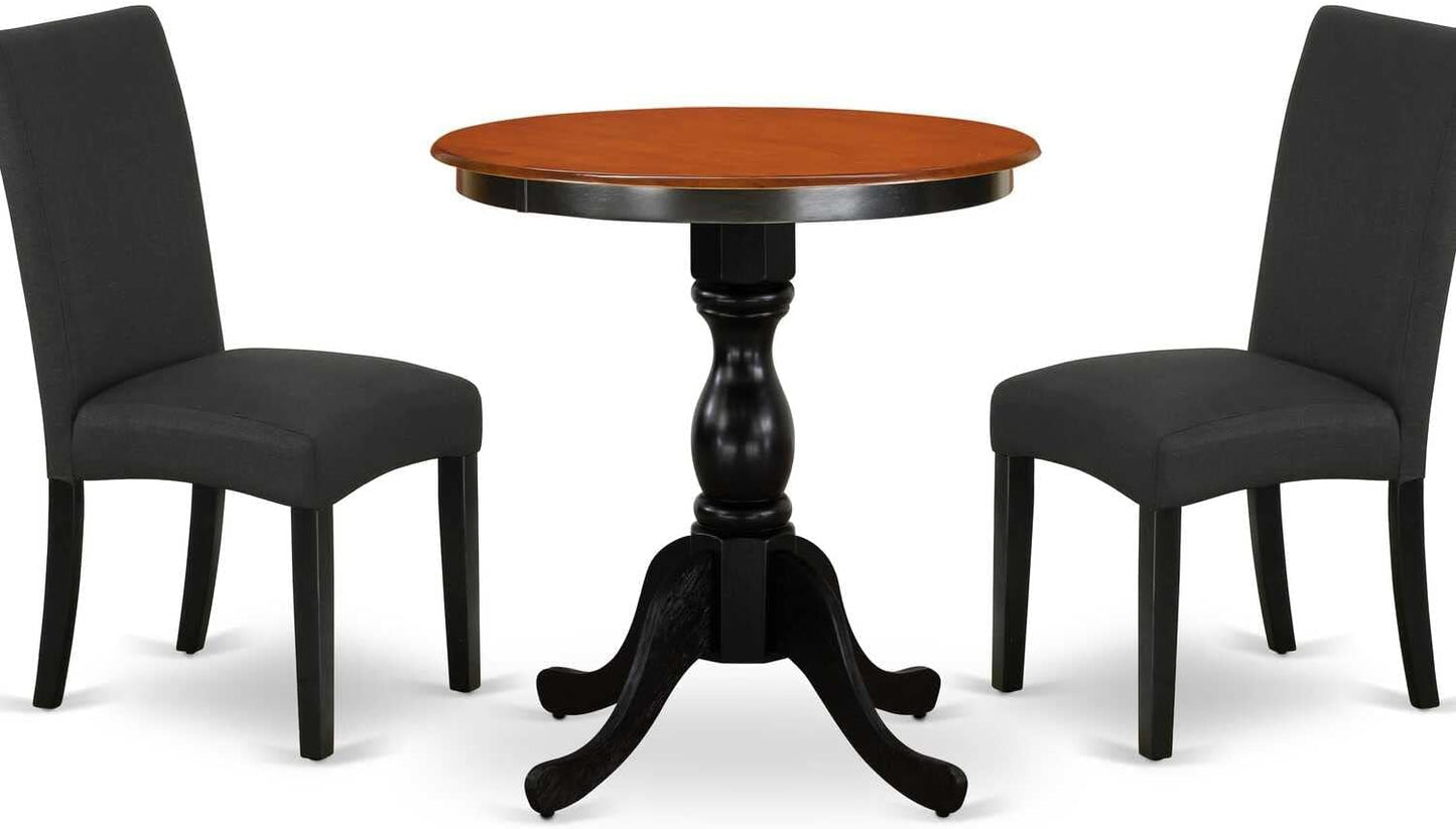 East West Furniture ESDA3-BCH-C 3 Piece Dinette Set for Small Spaces Contains a Round Dining Table with Pedestal and 2 Linen Fabric Upholstered Dining Chairs, 30x30 Inch, Black & Cherry