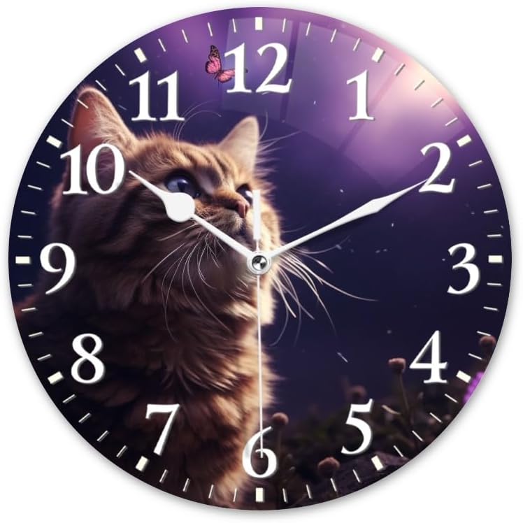 Cat Wall Clock Non-Ticking Silent Clocks Battery Operated Analog Decor Clock for Home-Cute Cat Gazing at Butterflies in The Sky(16inch)