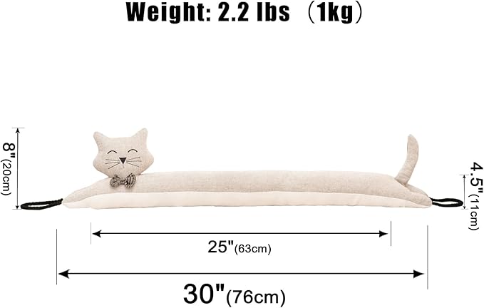 Marwood Under Door Draft Stopper Decorative Wind Stopper 30 inch for Door & Window, Weighted Animal Air Draft Stopper Snake Noise Blocker for Bottom of Door with Hanging Loops - Khaki Cat