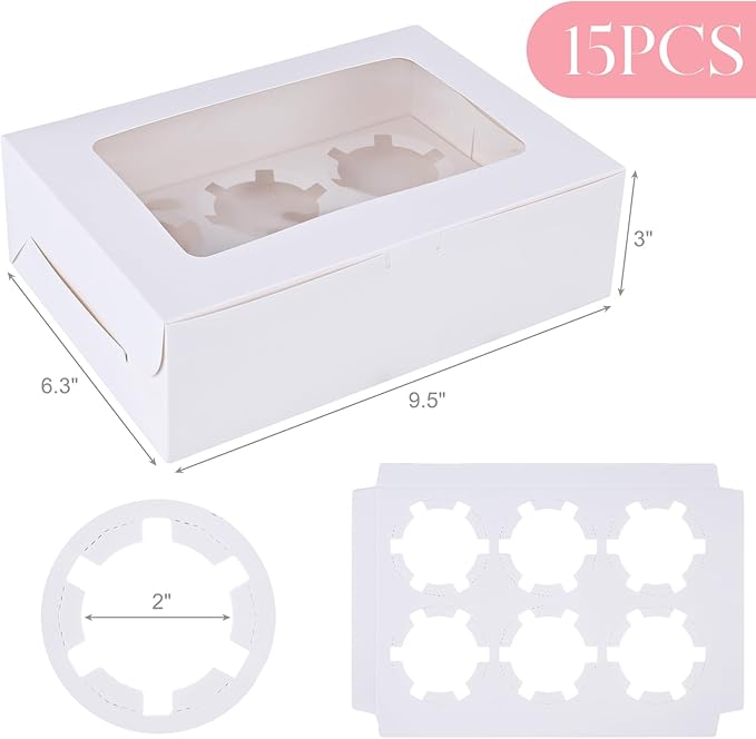 VGOODALL 6 Count White Cupcake Boxes, 15 Pack Cupcake Containers, 9.5 x 6.3 x 3 inches, Holding 90 Pastry Box for Birthday Holiday Party Bakery Supplies