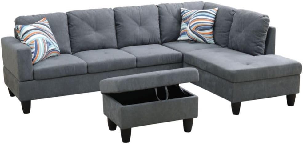 Dark Grey L-Shaped 3-Piece Flannelette Sofa with Storage Ottoman Set, Sectional Couch Sofa Set for Living Room, Office, Small Space