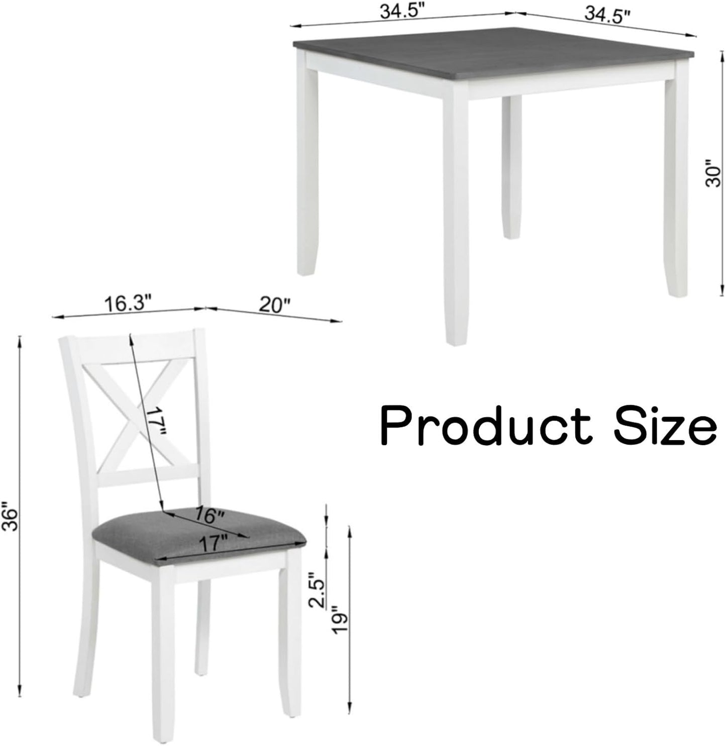 Dining Table Set for 4, 5-Piece Kitchen Table & Chairs Set with Square Table & 4 Fabric Upholstered Chairs, 34.5'' Dinner Set with X-Shaped Backrest & Non-Slip Feet for Kitchen, White&Gray