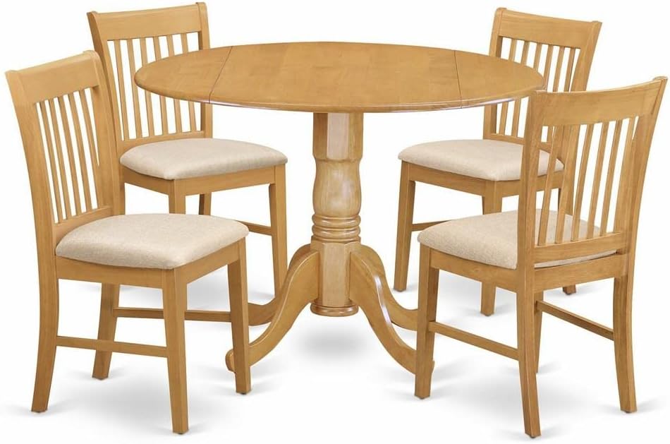 East West Furniture DLNO5-OAK-C 5 Piece Kitchen Table & Chairs Set Includes a Round Dining Room Table with Dropleaf and 4 Linen Fabric Upholstered Dining Chairs, 42x42 Inch, Oak
