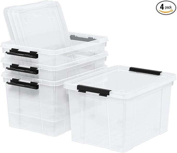 22 Quart Stackable Plastic Storage Bins with Lids and Latching Buckles, 4 Pack Tubs Boxes Organizing, Clear
