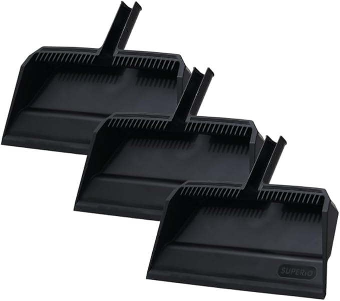 Superio 3-Pack Wide Plastic Dustpan with Comb - 16" Wide, Rubber Lip, Broom Handle Clip, Black