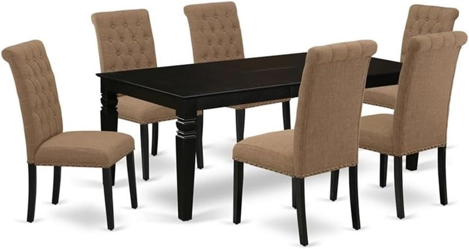 East West Furniture LGBR7-BLK-17 7 Piece Dining Room Table Set Consist of a Rectangle Kitchen Table with Butterfly Leaf and 6 Light Sable Linen Fabric Parsons Chairs, 42x84 Inch, Black