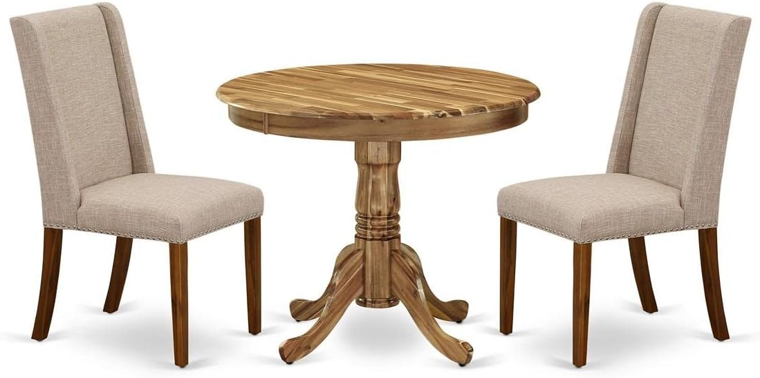East West Furniture ANFL3-ANA-04 3 Piece Kitchen Table Set Contains a Round Dining Room Table with Pedestal and 2 Light Tan Linen Fabric Upholstered Chairs, 36x36 Inch, Natural